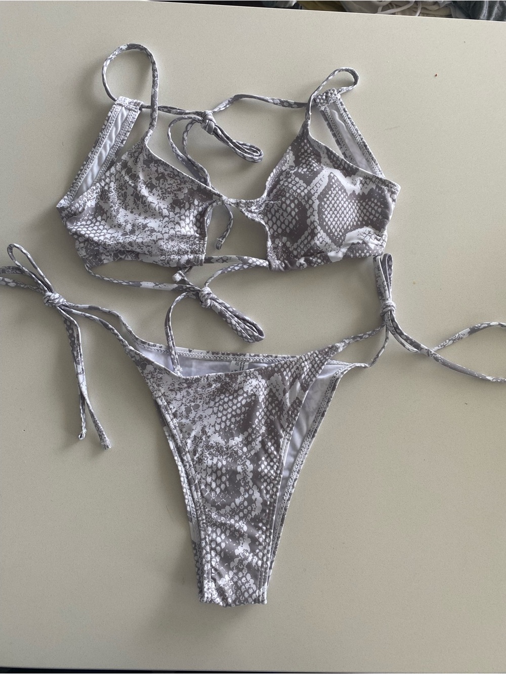 SHEIN White and Grey Snake Print Tie-Side Bikini